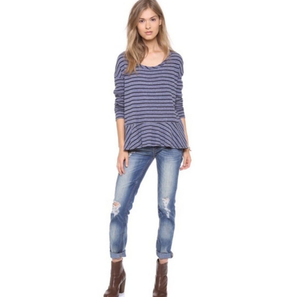 WE THE FREE People Blue Striped Peplum Top Shirt